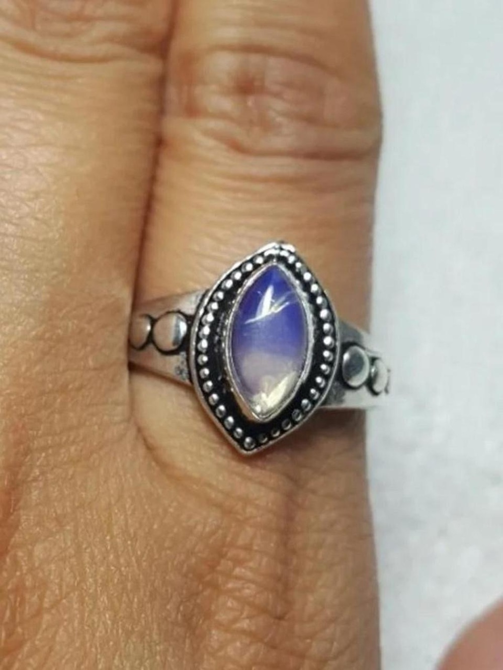 925 Silver Marquise Blue Moonstone Ring with Beaded Halo